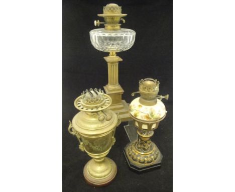 A 19th Century oil lamp, the cut glass reservoir on a brassed columnar base to square foot, a 19th Century oil lamp with pott