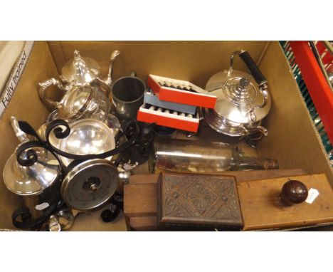 A box of miscellaneous plated and other wares to include a plated spirit kettle on stand inscribed "Alpha", plated teapot, co