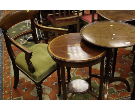 A 19th Century mahogany tripod table with circular dished top, together with an Edwardian mahogany and satinwood inlaid circu