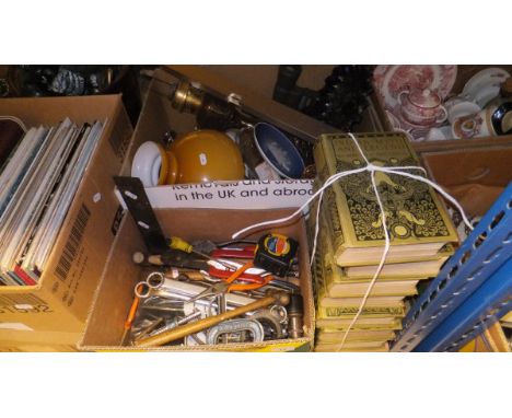 A box of various chinaware, glassware, carnival glass bowls, binoculars, oil lamp, oak plant stand, box of various tools and 