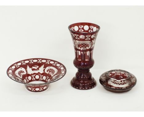 Three Bohemian ruby red and clear engraved art glass / Egermann, the vase H21cm with one chip to the rim, the bowl Diam. 20cm
