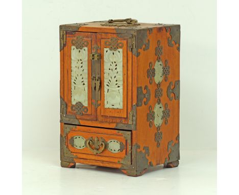 A Chinese jewellry box with brass fittings and floral jade carvings, H28cm, opening to reveal drawers lined in silk, mid 20th