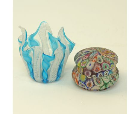 A Venetian Murano – attributed to Venini &amp; Bianconi Fazzoletto handkerchief glass bowl H11cm together with a millefiori a