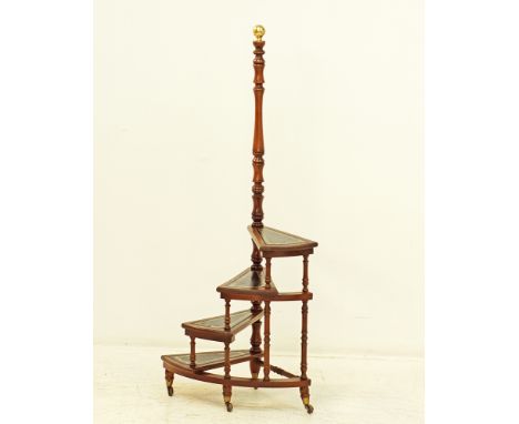 A spiral library step ladder on castors, H126cm, the step W32cm, mid 20th century.