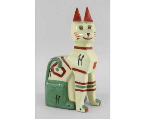 PORCELAIN LOUIS WAIN 'EGYPTIAN CAT' C.1920, a small figural vase modelled as a seated cat, red green details and black 'meow 