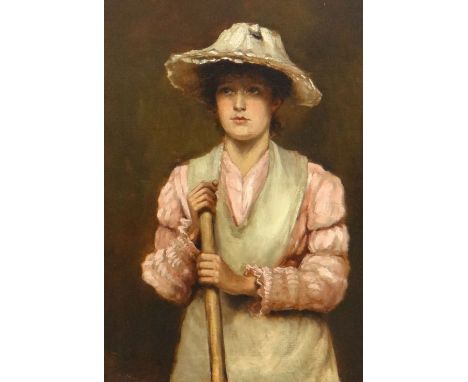LATE 19TH CENTURY BRITISH SCHOOL oil on canvas - portrait of a lady in white with sun hat holding a garden tool handle, 49.5 
