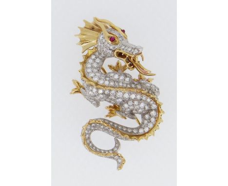 McTEIGUE 18CT GOLD DIAMOND ENCRUSTED DRAGON DESIGN BAR BROOCH, the dragon looking back over its shoulder snarling with tongue
