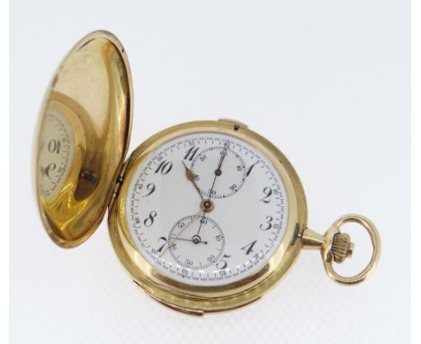 FINE 18K GOLD FULL HUNTER MINUTE REPEATER CHRONOGRAPH POCKET WATCH, c.1900, white enamel dial with breguet numerals, outer fi