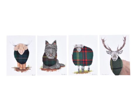 Ruaridh Lever-Hogg   Highland cow; Stag; Ram; Scottie dog   Mixed media on card   Each signed   Each 17.7 x 12.8cm (6¾ x 5 in