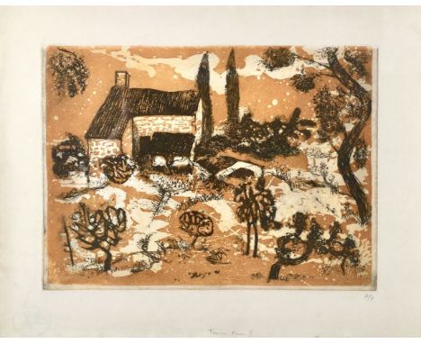 λAndré Bicât 1909-1996 Tuscan Farm II (Ochre), c 1970 titled and inscribed AB in pencil etching with aquatint in colours on w