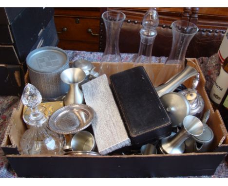 A mixed lot of EPNS, pewter and glass ware comprising a Mappin & Webb cased three piece cruet set, a boxed set of six Swarovs