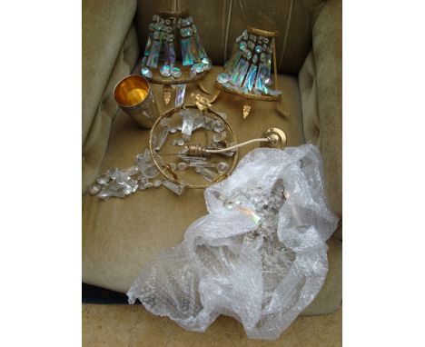 A lustre drop light fitting on gilt metal frame and two others, lustres present but largely unhooked, with plated metal mugs 