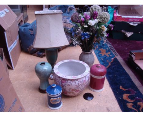 A composition green urn shaped table lamp, a Japanese inverted baluster form Celadon crackle glazed vase decorated with crane