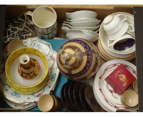 A mixed quantity of ceramics to include a Crown Staffordshire Imari bottle vase; a similar large ovoid vase and cover (cover 