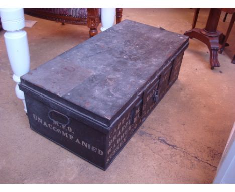 A late 19th Century Japanned metal uniform trunk, 'Capt J.M Cheale, R.E Braefield, Wadhurst, Sussex, unaccompanied, fully mar