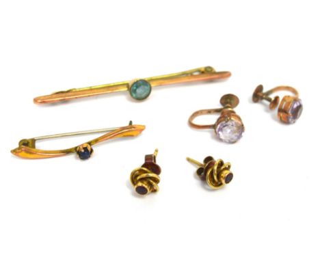A pair of yellow metal amethyst earrings with screw backs, a pair of 9ct yellow gold ruby-set twist-stud earrings, a 9ct bar 