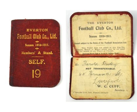 An Everton FC Co Ltd season ticket for 1910-11, Members' A Stand Shelf 19, issued to Harold Disley of 45 Farnworth St Liverpo