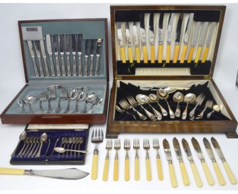 A quantity of silver-plated flatware to include a mahogany-cased canteen of cutlery, a further mahogany-cased Viners canteen 