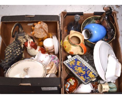 A quantity of ceramics and glassware to include Staffordshire dogs, Coalport figurine, small round barometer, vintage teaware