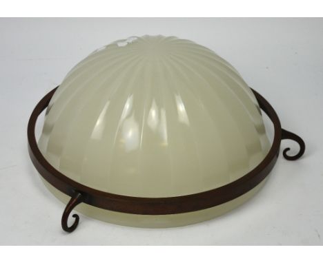 A vintage opaque globe glass light fitting with metal rim and chain, diameter 30cm.