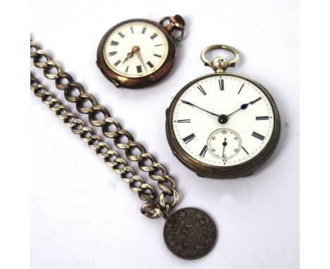 A Continental .900 silver ladies' fob watch, the circular enamel dial set with Roman numerals, a hallmarked silver pocket wat