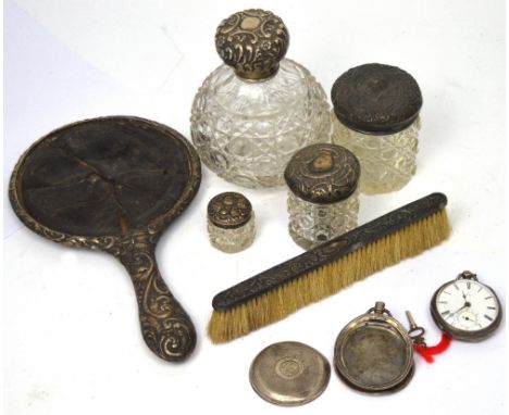 A mixed quantity of silver to include a silver-topped hobnail cut glass pot, Henry Charles Freeman, Birmingham 1898, a simila