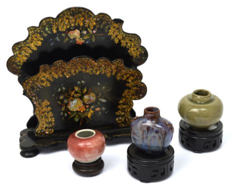 Three early 20th century Oriental miniature vases to include a green ground ovoid example, height 6cm, a brown and indigo dri