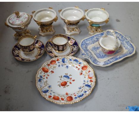 A 19th century blue and terracotta floral hand-painted and gilt-heightened plate with anchor mark to base and no.2, two 19th 