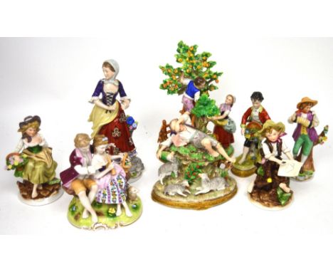 Eight Continental and Dresden-style figures to include a shepherdess, shepherd, apple pickers, flower seller, young couple pl