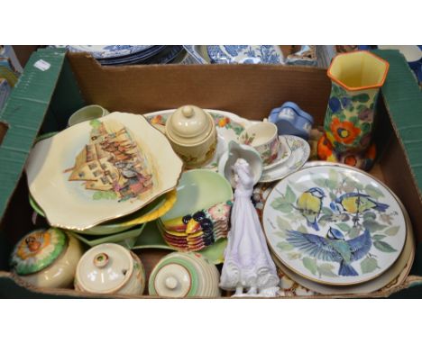 A quantity of ceramics to include a Carltonware items, a Clarice Cliff beehive honey pot, a hand-painted 1930s vase etc.