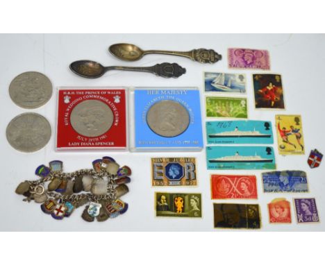 A silver link bracelet with enamel shields, a Rotary watch, a small quantity of stamps, four Royal Commemorative coins and a 