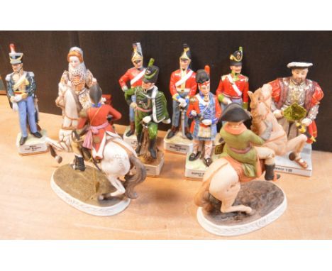 A pair of Italian Alfretto by Maruri figures of Henry VIII and Elizabeth I (af), soldier figures of various regiments to incl