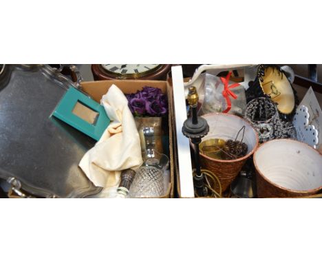 A quantity of collectibles to include a large plated tray, a cut glass lamp with plated collar, picture frames, a metal lamp,