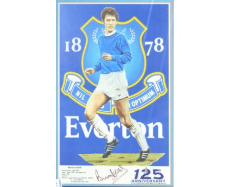 A signed 125th anniversary of Everton FC colour lithograph depicting Brian Labone, signed in marker, image approx 26 x 40cm.