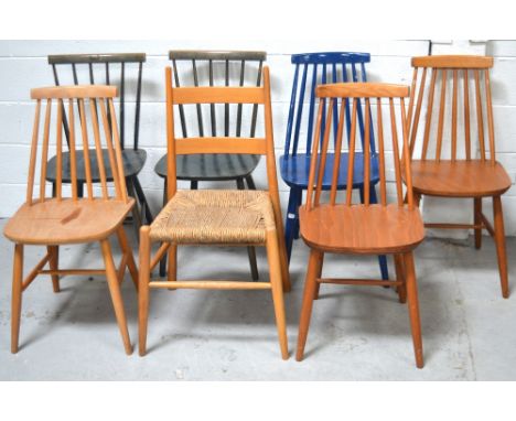 Four Danish beech kitchen chairs; one painted blue, two Danish green-stained beech kitchen chairs and a Danish beech chair wi