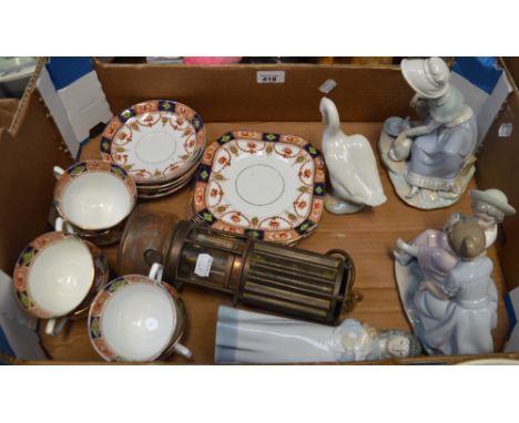 A small quantity Royal Vale teaware to include cups, saucers and plates, a copper and brass vintage miner's lantern, four Nao