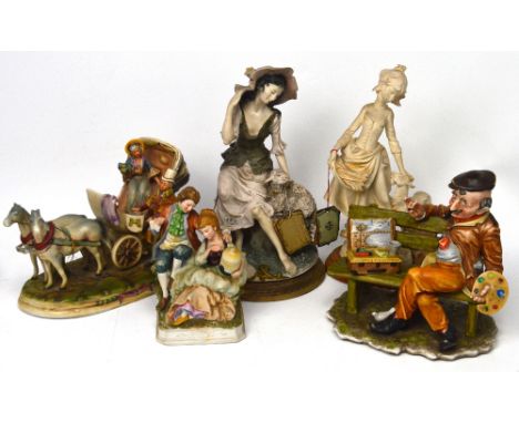 Five Capodimonte-style figures to include courting couple, young lady with goat, lady in period costume in carriage, a young 