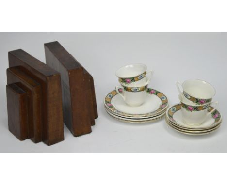 A Shelley 'Sandon' twelve-piece part tea service, gilt banding with floral transfer decoration and a pair of substantial step