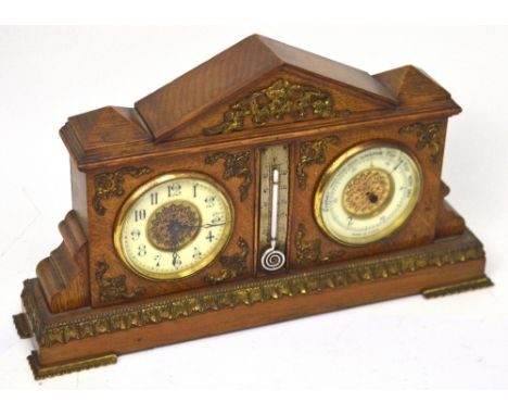 A 20th century walnut-cased combination mantel clock, barometer and thermometer, circular white enamel and gilded brass dials