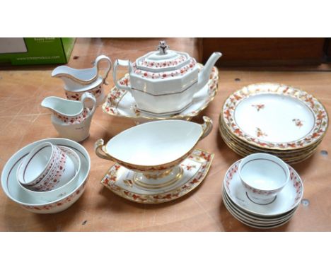 Newhall; a 19th century part tea service comprising a silver-shaped teapot, a helmet-shaped milk jug, sugar bowl, tea slop bo