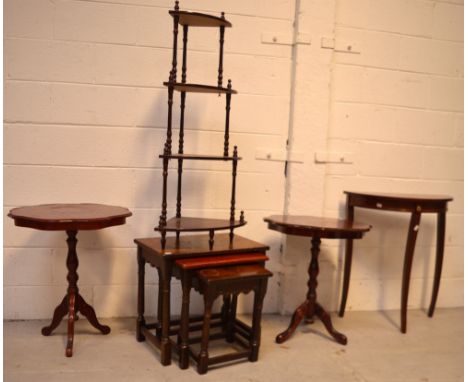 A nest of three oak tables, two tripod tables, a demi-lune table and a whatnot (5).