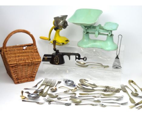 A Fortnum & Mason basket, a pair of vintage scales, a vintage mincer, coffee grinder and various pieces of flatware etc.