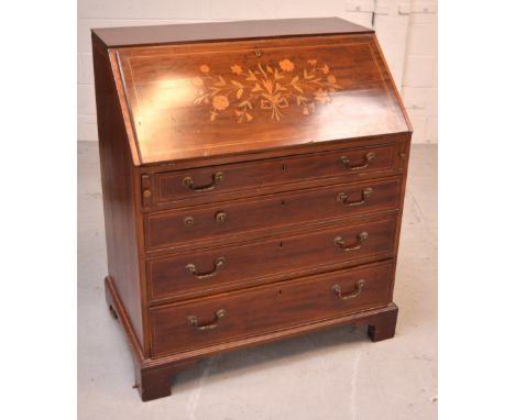 A contemporary Italian floral-inlaid bureau with pigeon holes and drawers to interior above four varying-sized drawers, on br