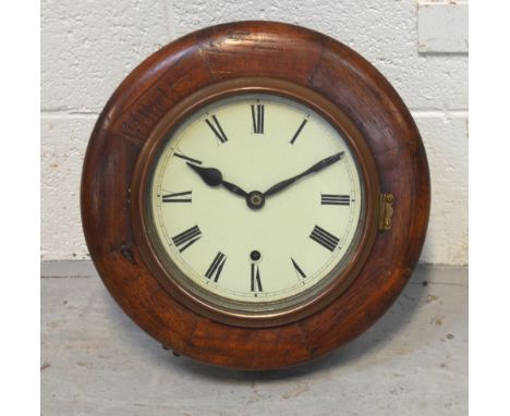 A 19th century mahogany-cased wall clock, enamel dial set with Roman numerals, with fusee movement, diameter of dial 7.5cm.