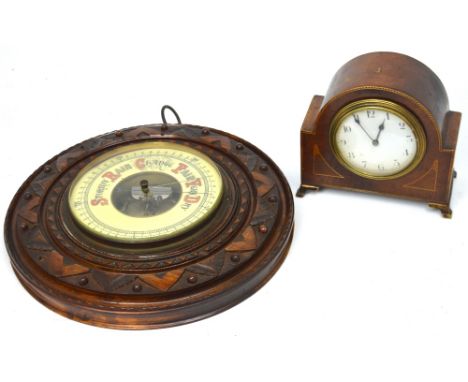 An Edwardian-style mahogany and inlaid mantel clock, dial set with Arabic numerals and a circular wall barometer (2). 