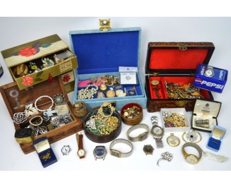 A quantity of costume jewellery to include rhinestone brooches, enamel brooches, gentlemen's wristwatches, faux pearl necklac