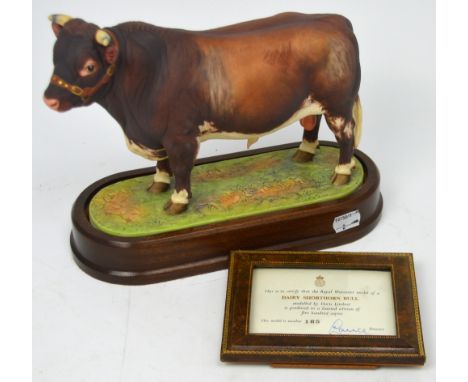 Royal Worcester; a figure of a 'Dairy Short Horn Bull' modelled by Doris Lindner 1965, on fitted wooden plinth, limited editi