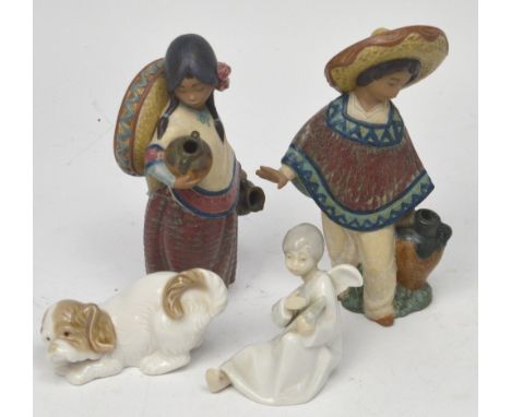 Two Nao figures; an angel and a spaniel and two salt-glazed Lladró figures in traditional Mexican dress (4).   CONDITION REPO