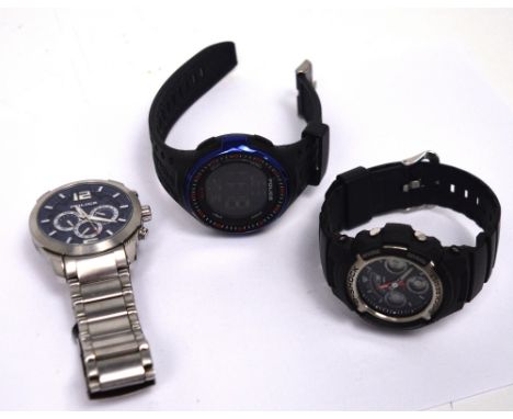 A Police 'Triumph' gentlemen's wristwatch, a further similar digital example and a G-Shock Casio AN5901AER4 digital watch (3)