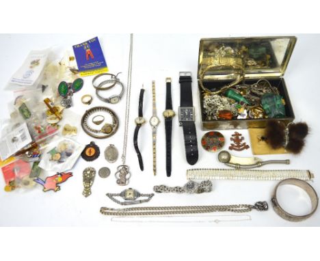 A quantity of costume jewellery to include two Elizabeth II hallmarked silver bangles, both lacking safety chains, (one af), 